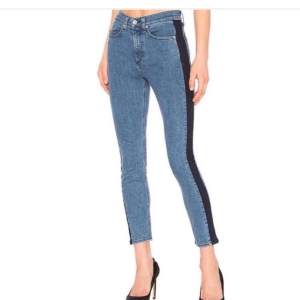 Rag & Bone Mazie high-rise skinny jeans featuring a double indigo tuxedo stripe